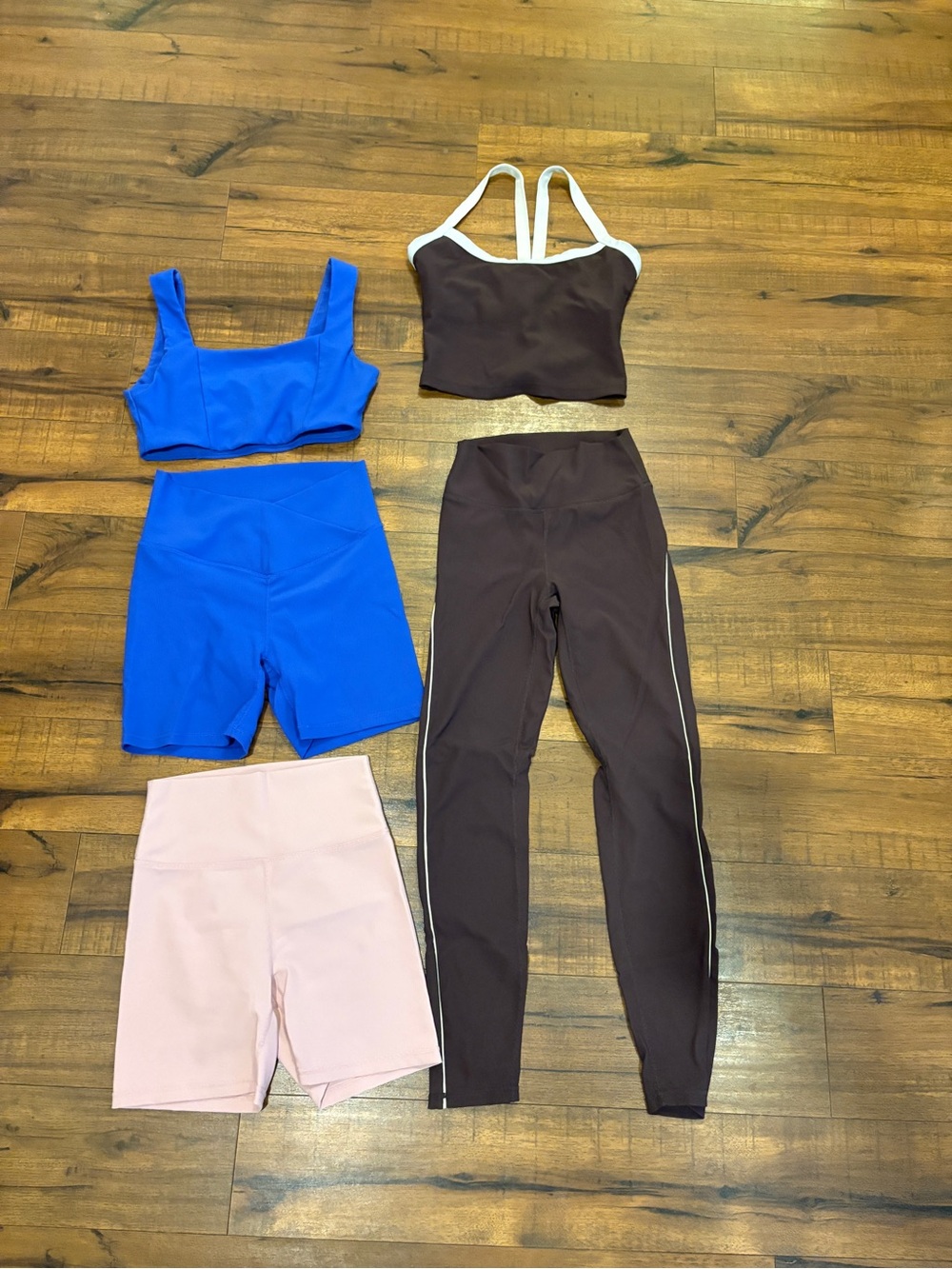 WILO Athletic Bra & Leggings Biker Shorts Set Bundle Brown Blue Pink Size S
